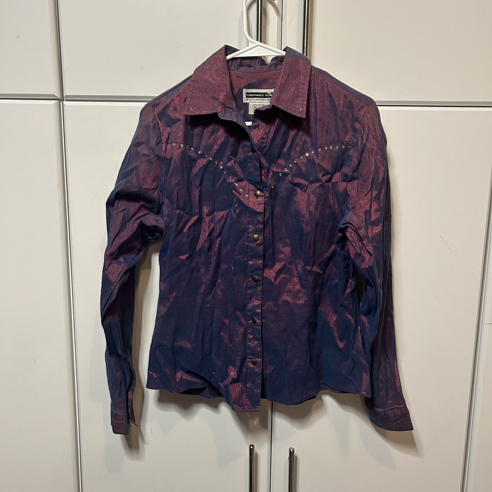 Panhandle Slim Womens Western Shirt Purple Iridescent Rhinestone Medium 1604